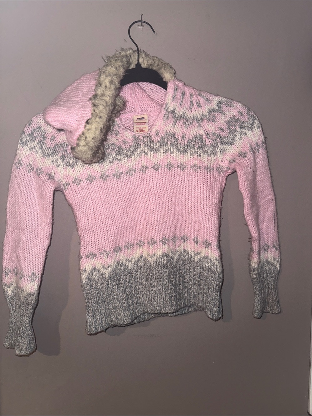 Cozy Pink & Gray Knit Girl's Sweater with Hood